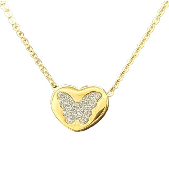 New Gold Sparkle Butterfly Heart Pendant Necklace - Picture 3 of 9